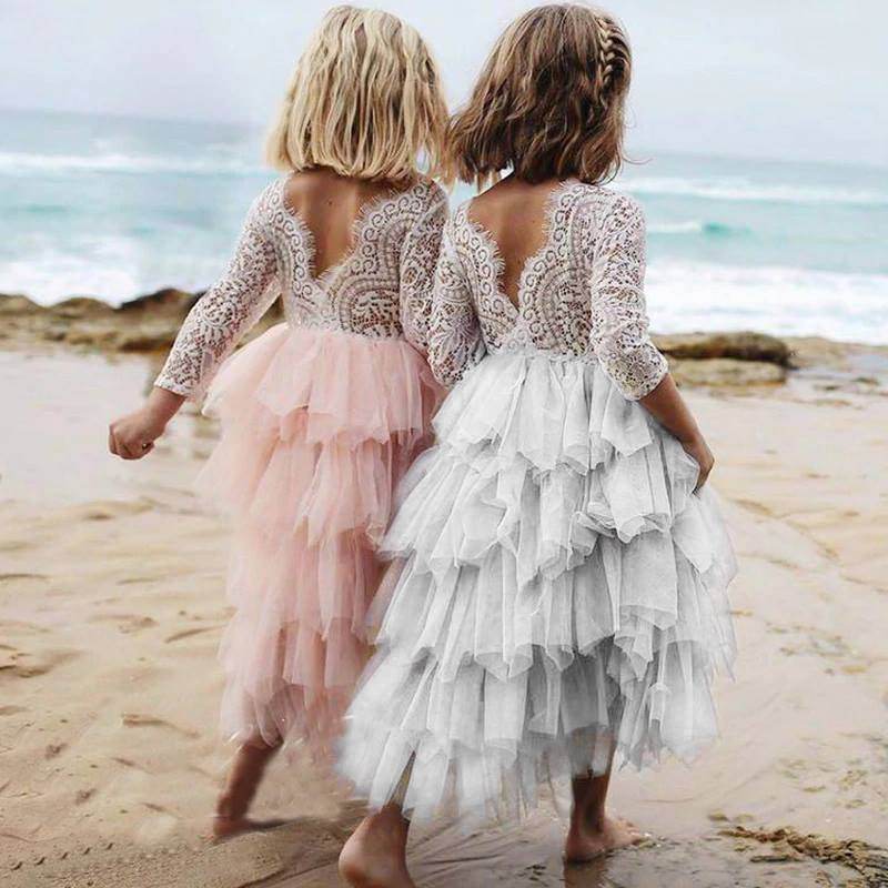 Autumn And Winter Explosions Hollow Children's Skirt Lace Long-sleeved Girls White Princess Dress Irregular Dress - Mubimart
