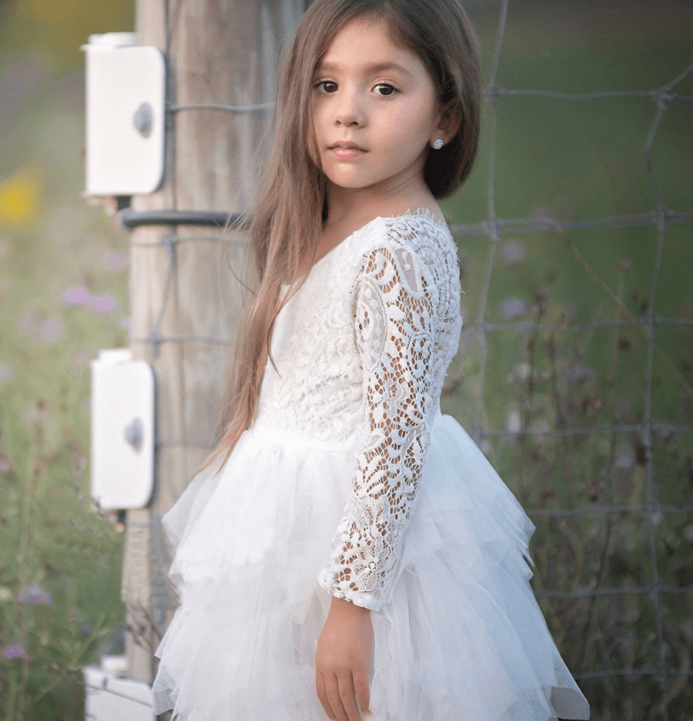 Autumn And Winter Explosions Hollow Children's Skirt Lace Long-sleeved Girls White Princess Dress Irregular Dress - Mubimart