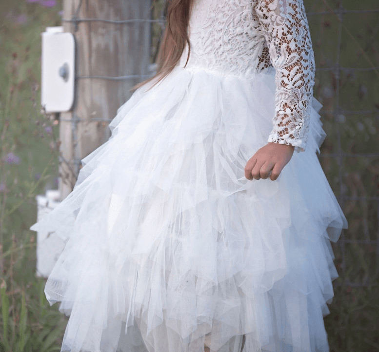 Autumn And Winter Explosions Hollow Children's Skirt Lace Long-sleeved Girls White Princess Dress Irregular Dress - Mubimart