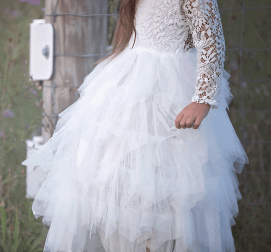 Autumn And Winter Explosions Hollow Children's Skirt Lace Long-sleeved Girls White Princess Dress Irregular Dress - Mubimart