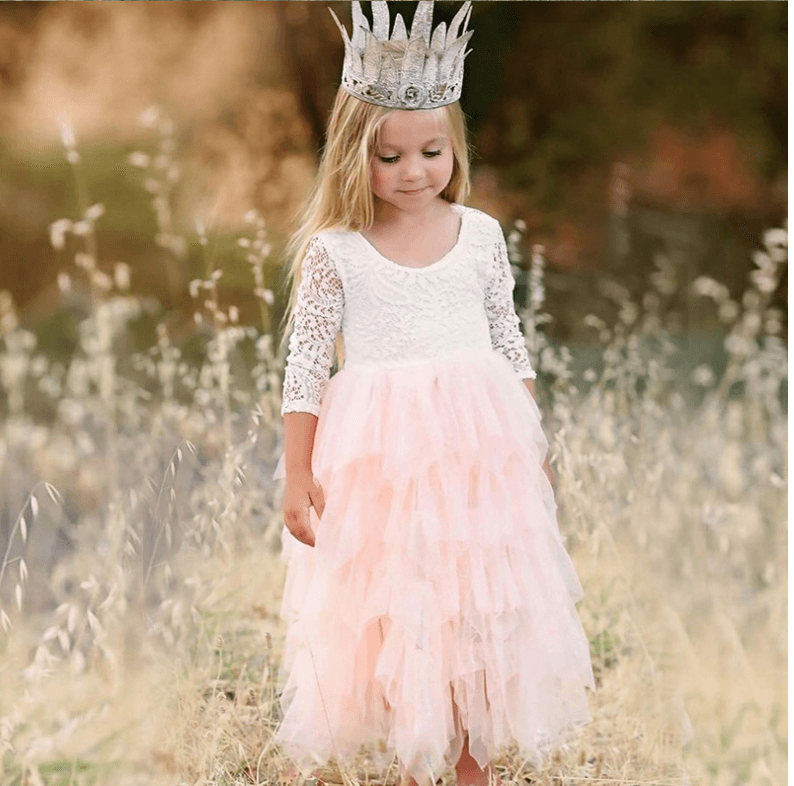 Autumn And Winter Explosions Hollow Children's Skirt Lace Long-sleeved Girls White Princess Dress Irregular Dress - Mubimart
