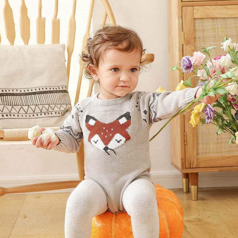Autumn and Winter Long-Sleeved Fox One-Piece Triangle romper - Mubimart