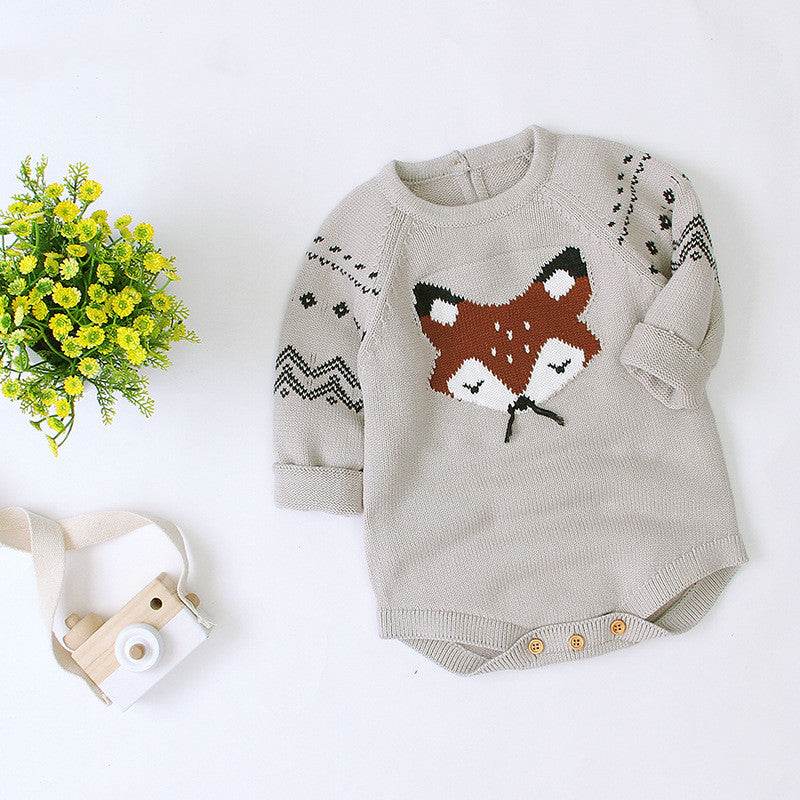Autumn and Winter Long-Sleeved Fox One-Piece Triangle romper - Mubimart