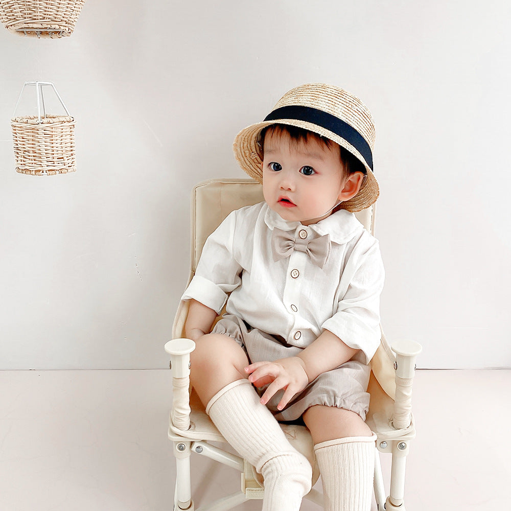 Baby Boy Autumn Clothes Suit 0-3 Years Old Baby Solid Color Long-sleeved Shirt Shorts Two-piece Set One Year Old Celebration Dress - Mubimart -  