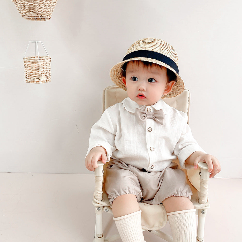 Baby Boy Autumn Clothes Suit 0-3 Years Old Baby Solid Color Long-sleeved Shirt Shorts Two-piece Set One Year Old Celebration Dress - Mubimart -  