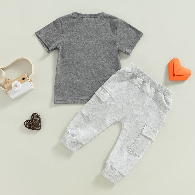 Baby Boy Short Sleeve Monogram Print T-shirt Gray Summer Clothing Set - Mubimart -  