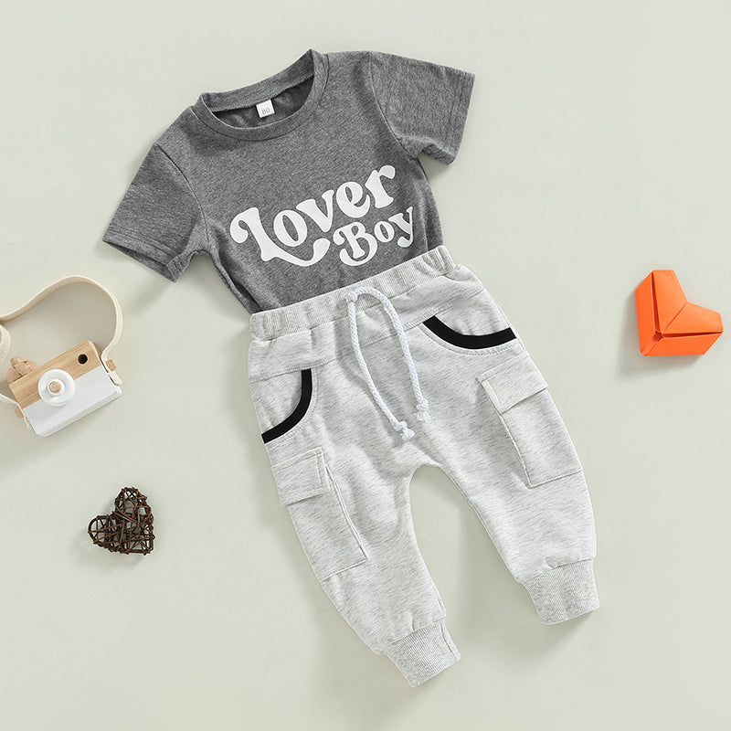 Baby Boy Short Sleeve Monogram Print T-shirt Gray Summer Clothing Set - Mubimart -  