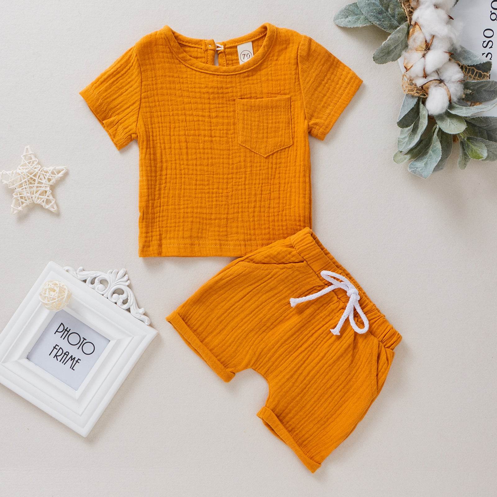 Baby Cotton Double Wrinkle Short Sleeve Shorts Two Piece Set - Mubimart