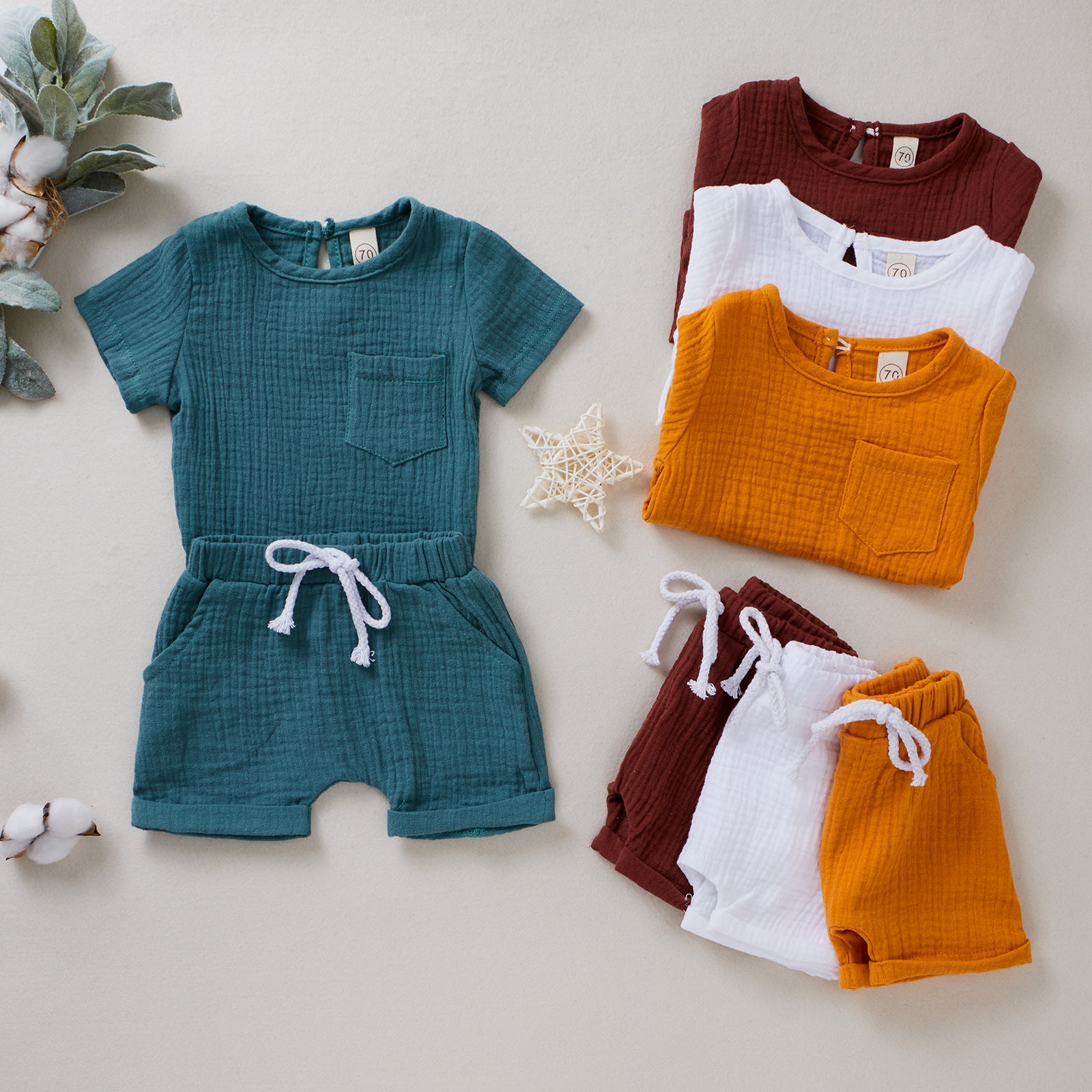 Baby Cotton Double Wrinkle Short Sleeve Shorts Two Piece Set - Mubimart - Baby Cloth 