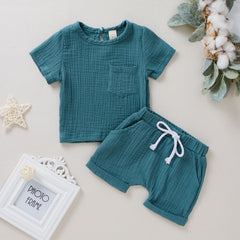 Baby Cotton Double Wrinkle Short Sleeve Shorts Two Piece Set - Mubimart -  