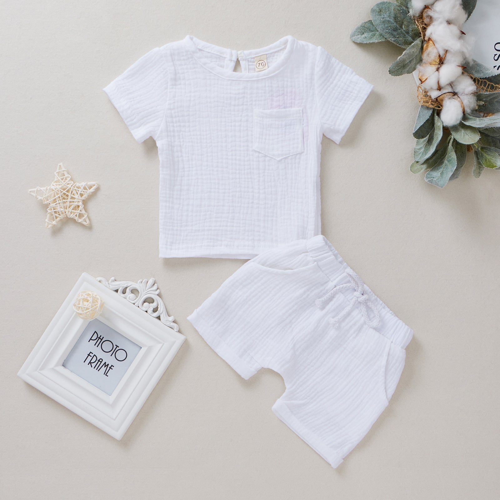 Baby Cotton Double Wrinkle Short Sleeve Shorts Two Piece Set - Mubimart -  