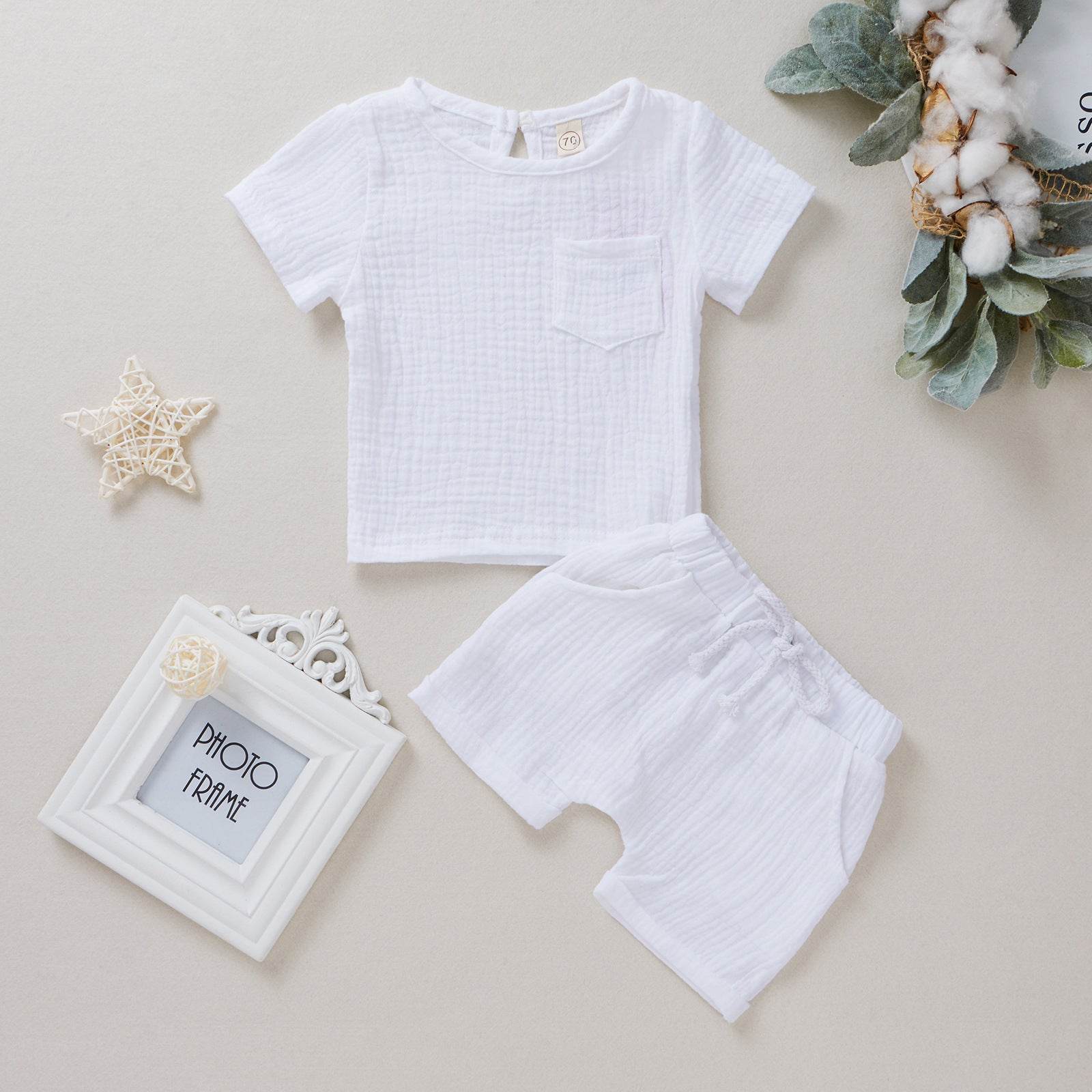 Baby Cotton Double Wrinkle Short Sleeve Shorts Two Piece Set - Mubimart