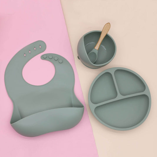 Baby Food Supplement Round Bowl Spoon Bib Dinner Plate Four-piece Set - Mubimart