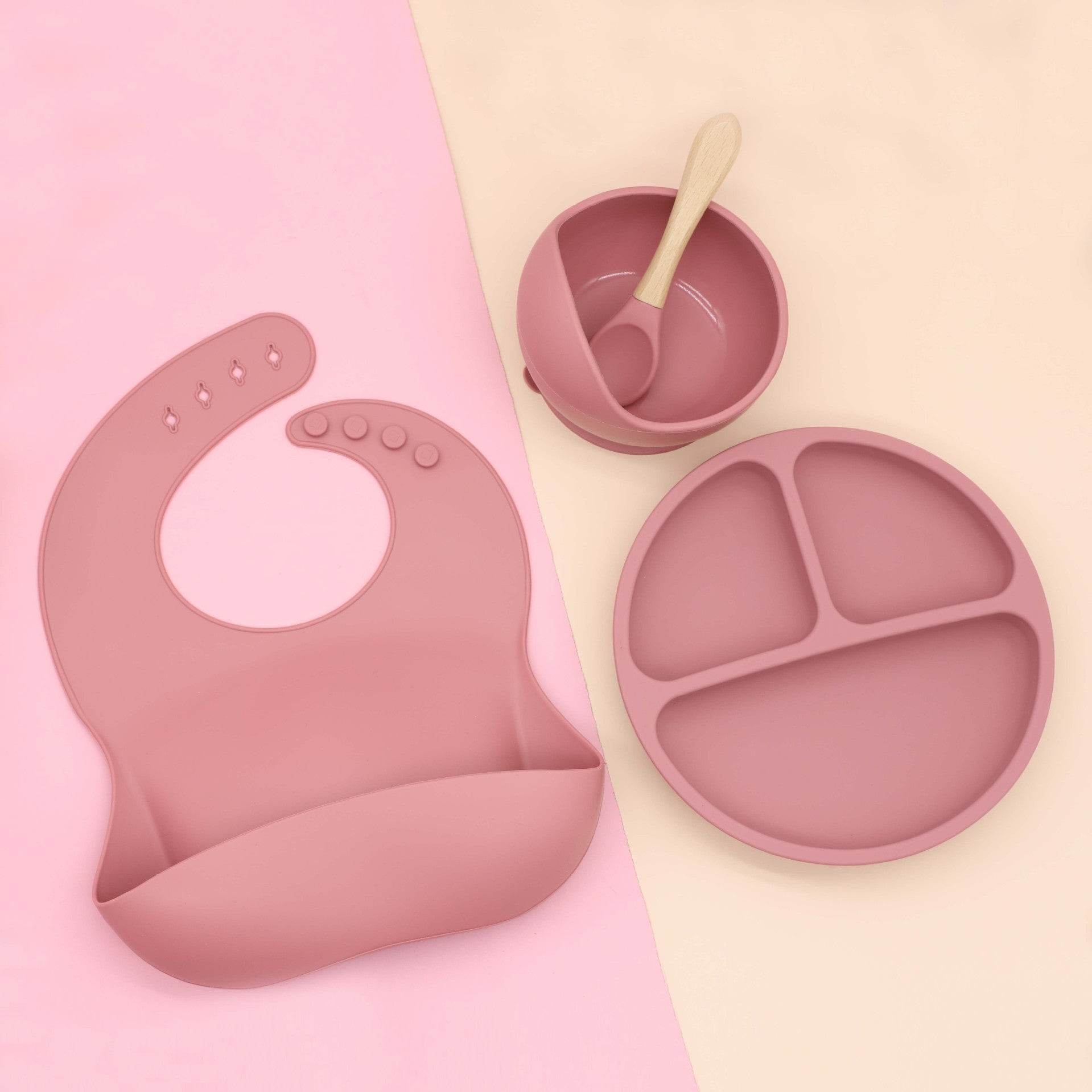 Baby Food Supplement Round Bowl Spoon Bib Dinner Plate Four-piece Set - Mubimart