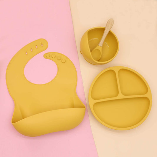 Baby Food Supplement Round Bowl Spoon Bib Dinner Plate Four-piece Set - Mubimart
