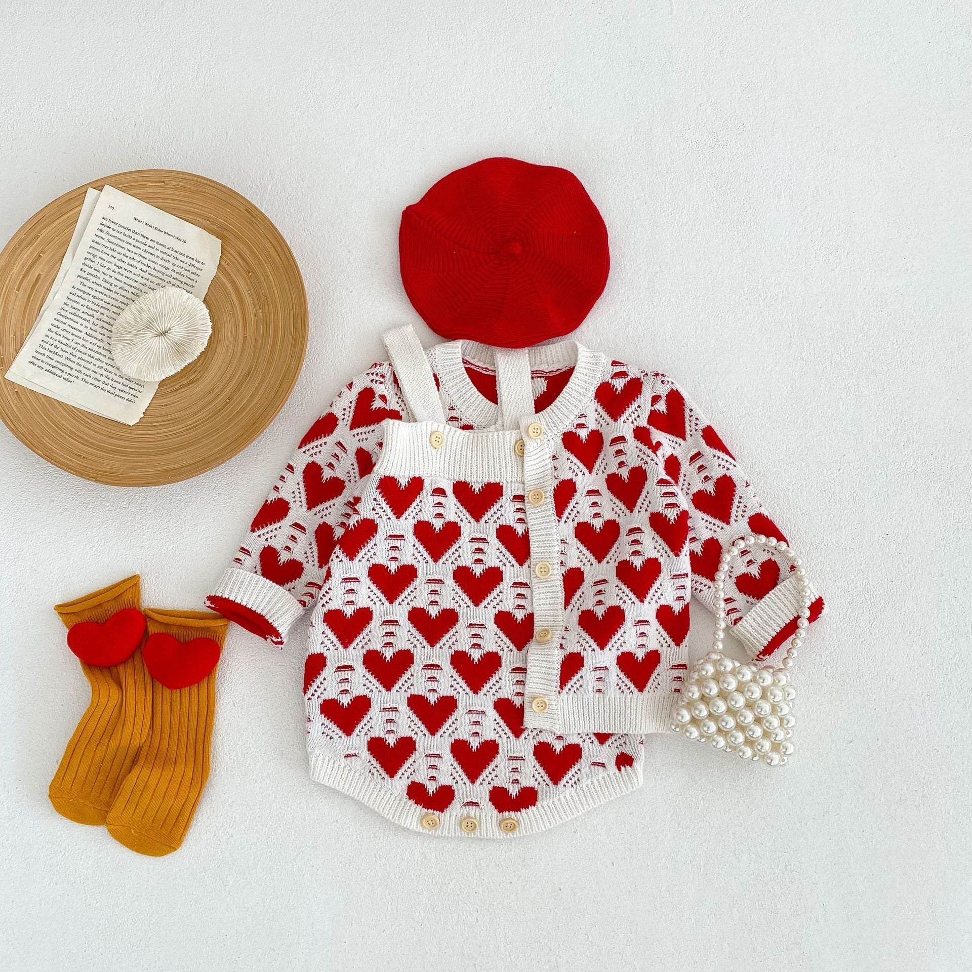 Baby Girl And Baby Knitted Love Jacquard Sweater Coat Shoulder Strap Romper 2 Piece Suit - Mubimart