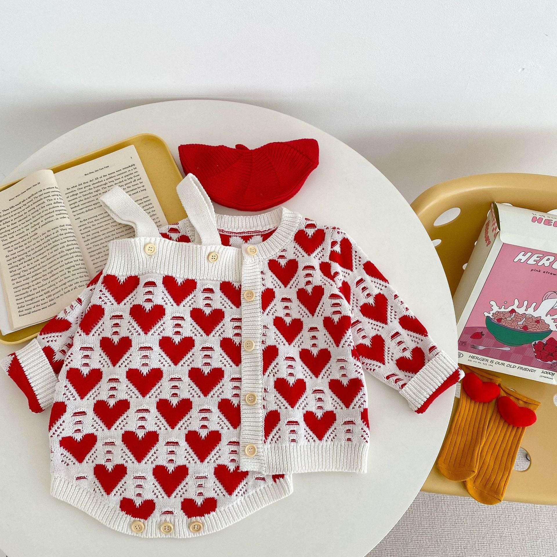 Baby Girl And Baby Knitted Love Jacquard Sweater Coat Shoulder Strap Romper 2 Piece Suit - Mubimart