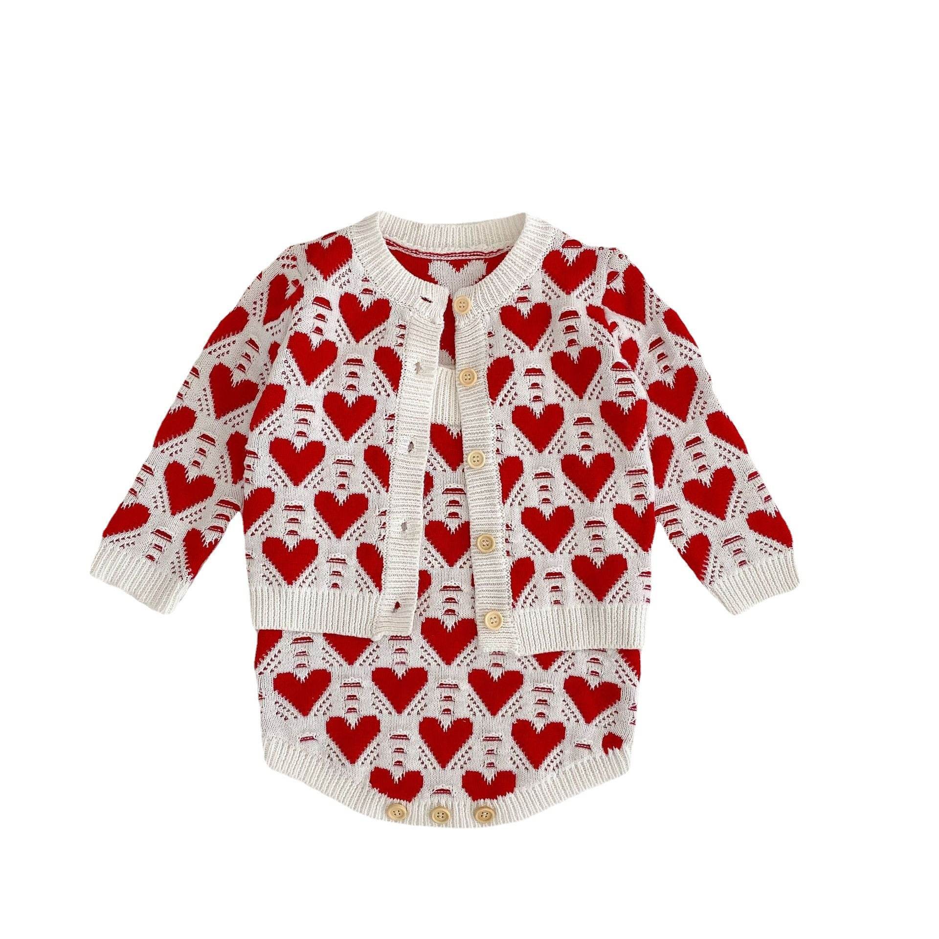 Baby Girl And Baby Knitted Love Jacquard Sweater Coat Shoulder Strap Romper 2 Piece Suit - Mubimart