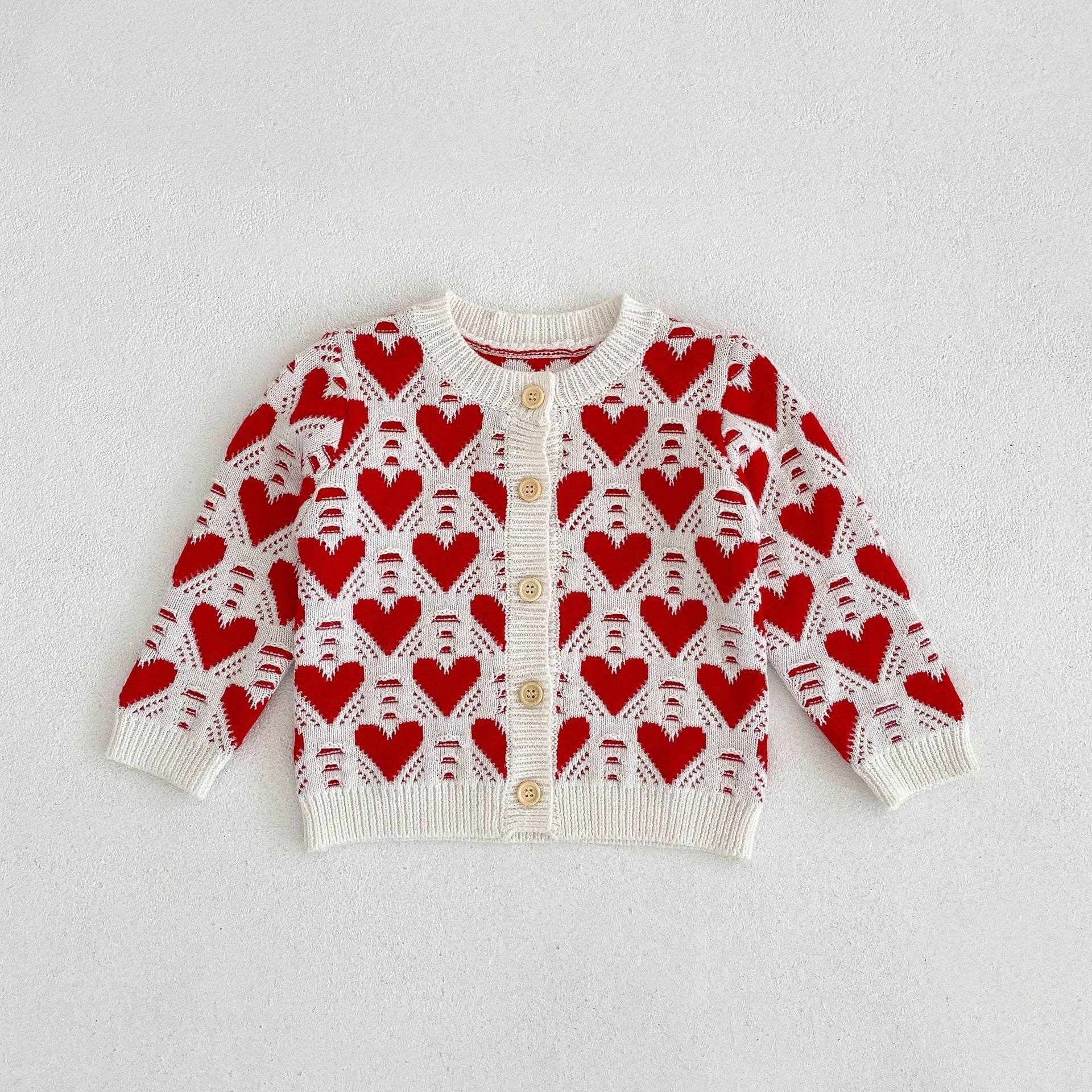 Baby Girl And Baby Knitted Love Jacquard Sweater Coat Shoulder Strap Romper 2 Piece Suit - Mubimart