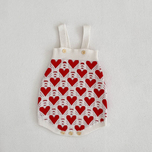 Baby Girl And Baby Knitted Love Jacquard Sweater Coat Shoulder Strap Romper 2 Piece Suit - Mubimart