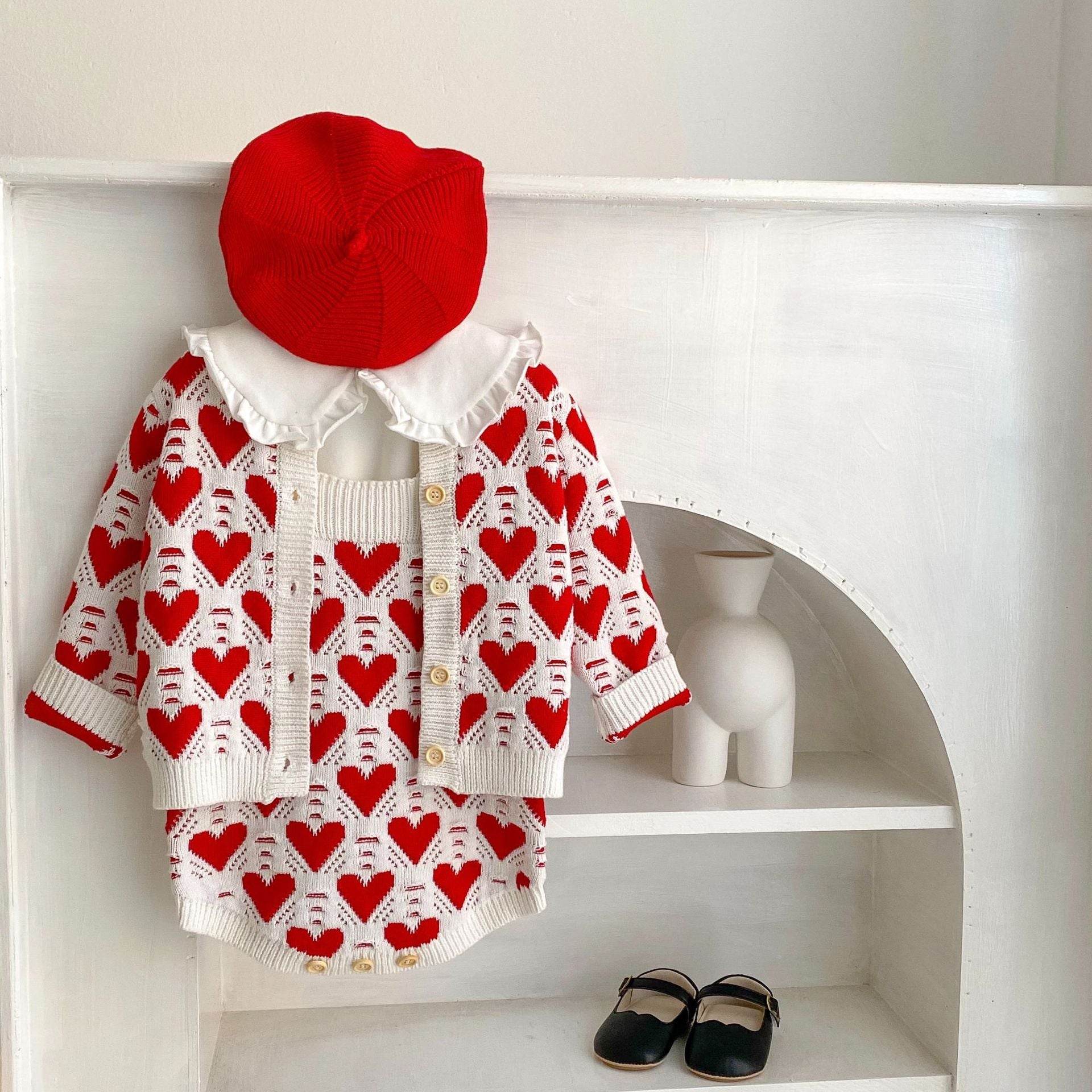 Baby Girl And Baby Knitted Love Jacquard Sweater Coat Shoulder Strap Romper 2 Piece Suit - Mubimart