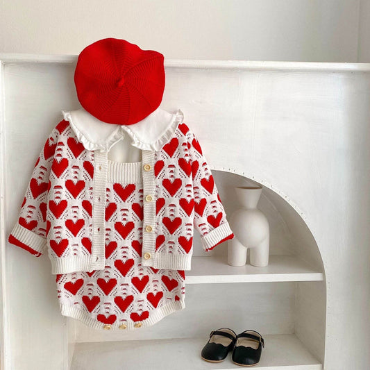 Baby Girl And Baby Knitted Love Jacquard Sweater Coat Shoulder Strap Romper 2 Piece Suit - Mubimart