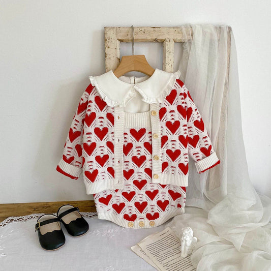 Baby Girl And Baby Knitted Love Jacquard Sweater Coat Shoulder Strap Romper 2 Piece Suit - Mubimart