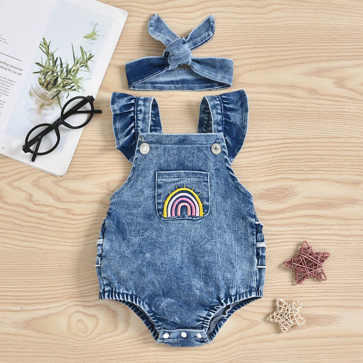 Baby Girl Denim Rainbow Printing Romper Apron Headscarf Two-piece Set - Mubimart