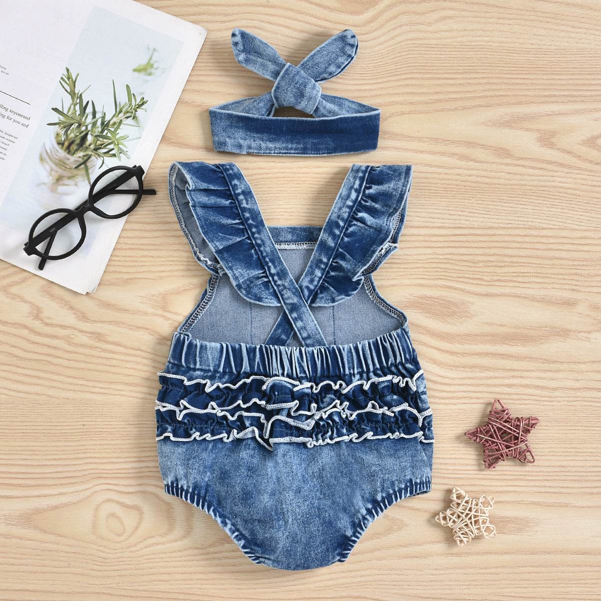 Baby Girl Denim Rainbow Printing Romper Apron Headscarf Two-piece Set - Mubimart