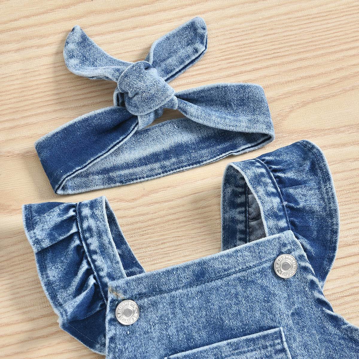 Baby Girl Denim Rainbow Printing Romper Apron Headscarf Two-piece Set - Mubimart