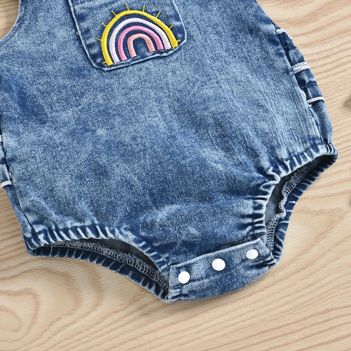 Mubimart Baby Girl Denim Rainbow Printing Romper Apron Headscarf Two-piece Set Mubimart baby essentials baby fashion baby girl clothes baby girl denim romper set baby shower gift comfortable infant wear cute baby clothes denim apron and headscarf set fashionable baby clothes infant girl fashion Mubimart baby wear newborn clothing rainbow printing baby outfit stylish baby outfit toddler fashion