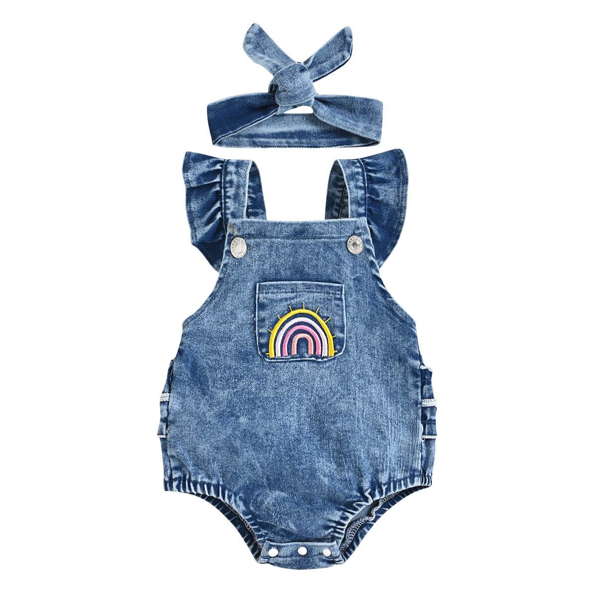 Baby Girl Denim Rainbow Printing Romper Apron Headscarf Two-piece Set - Mubimart