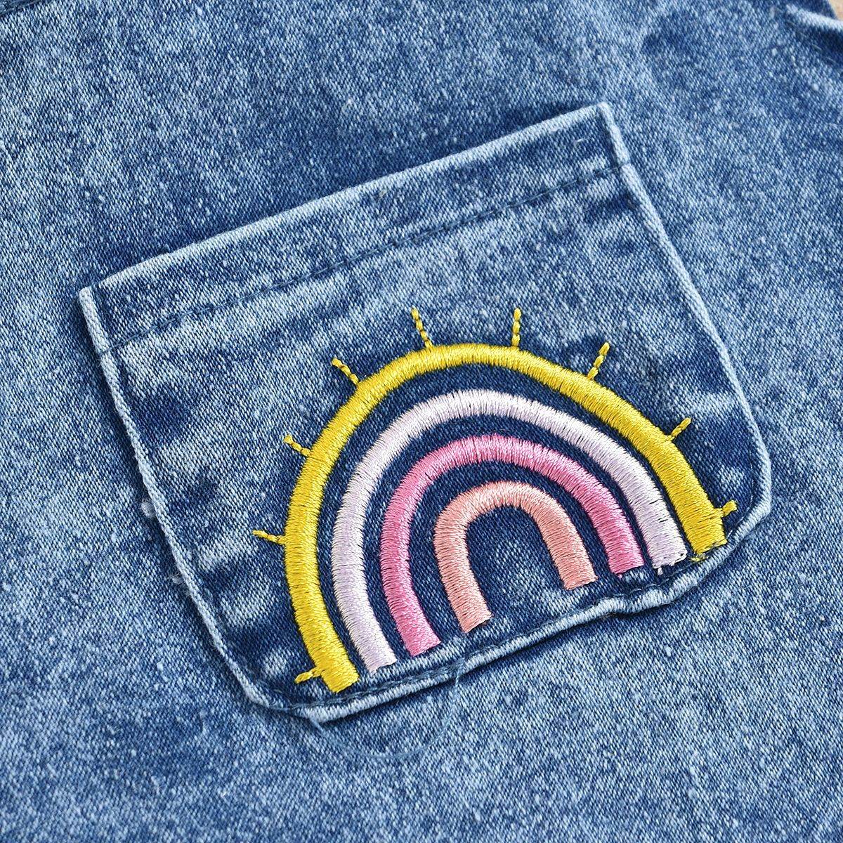 Baby Girl Denim Rainbow Printing Romper Apron Headscarf Two-piece Set - Mubimart