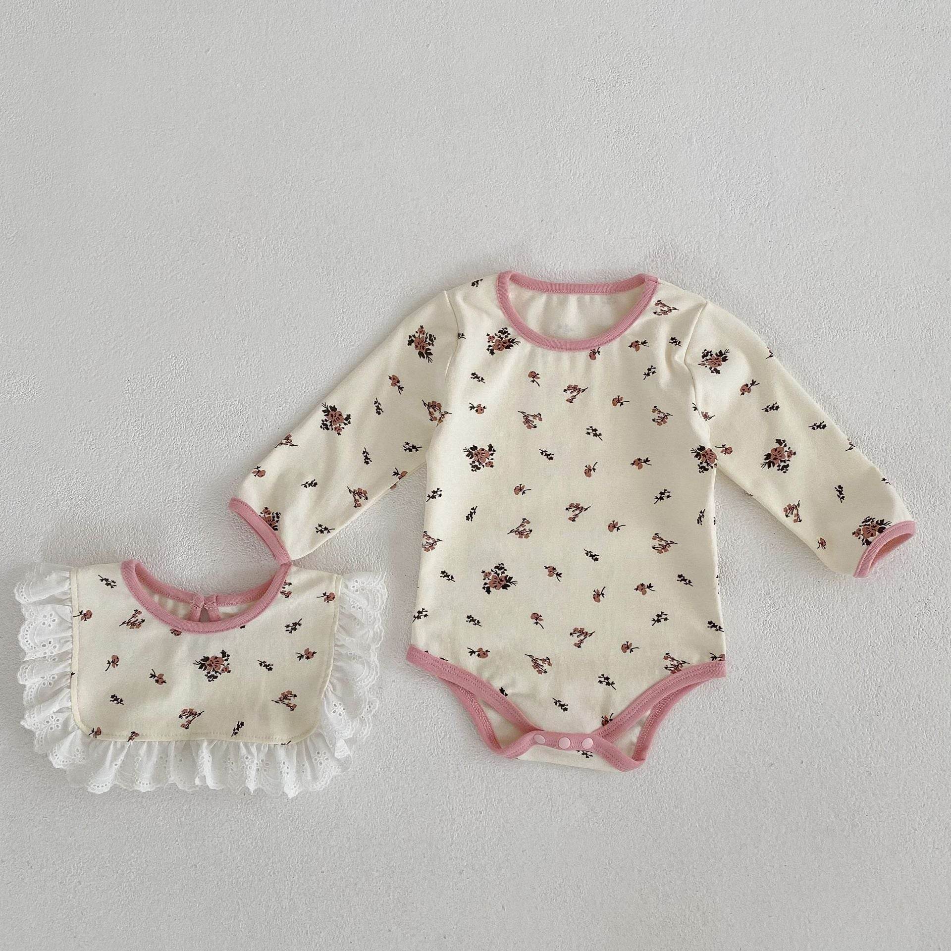 Baby Girl Floral Clothing Lace Neckline Water Towel Set - Mubimart