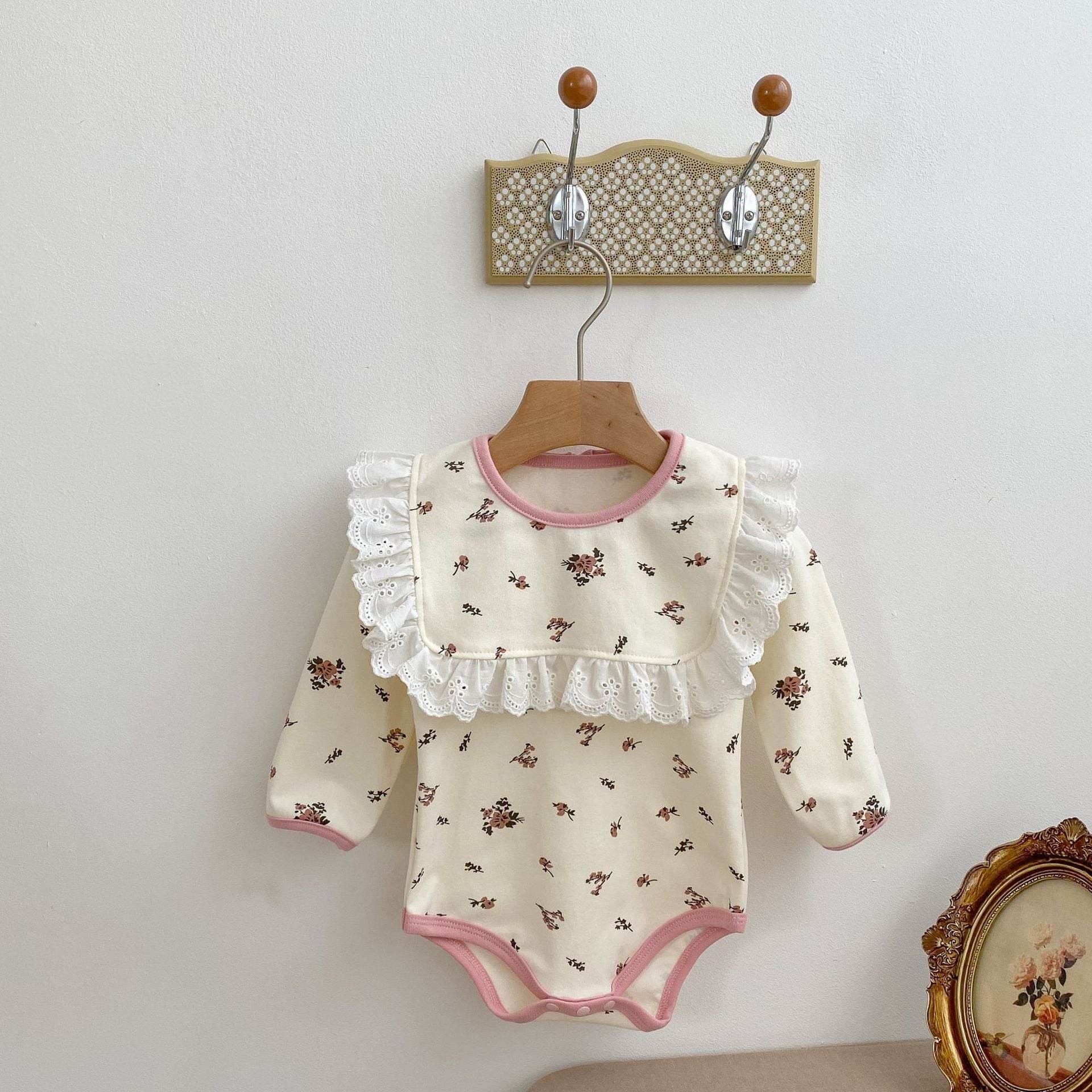 Baby Girl Floral Clothing Lace Neckline Water Towel Set - Mubimart
