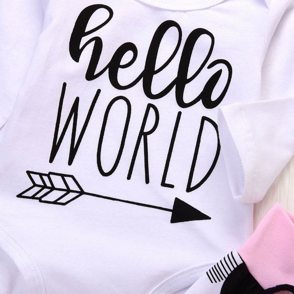 Baby Girl Hello World Newborn 3-piece Suit Headscarf - Mubimart