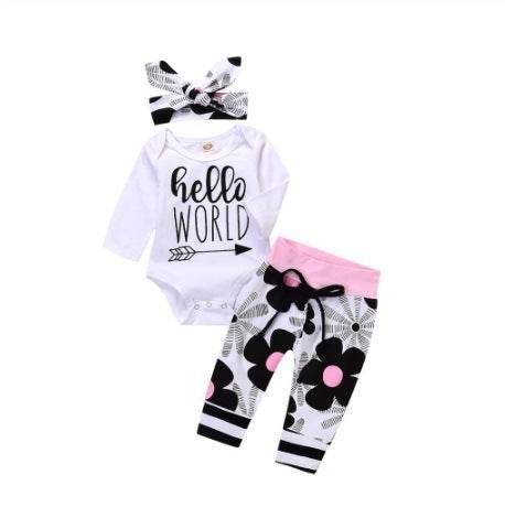 Baby Girl Hello World Newborn 3-piece Suit Headscarf - Mubimart