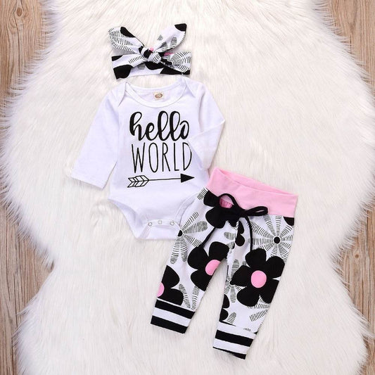 Baby Girl Hello World Newborn 3-piece Suit Headscarf - Mubimart