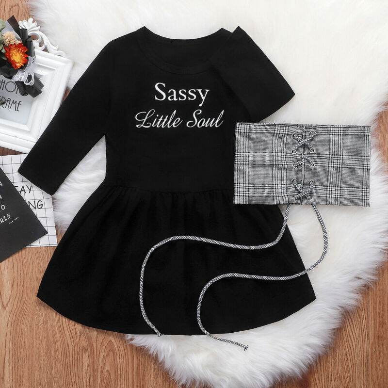 Baby Girl Letter A Line Dress Plaid Belt Vest Set - Mubimart