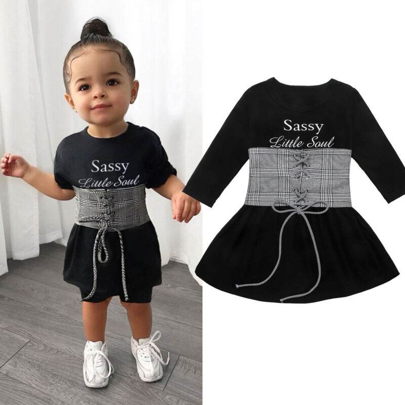 Baby Girl Letter A Line Dress Plaid Belt Vest Set - Mubimart