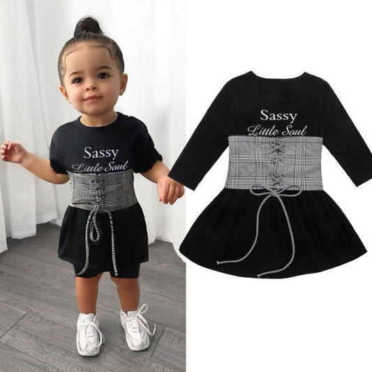 Baby Girl Letter A Line Dress Plaid Belt Vest Set - Mubimart