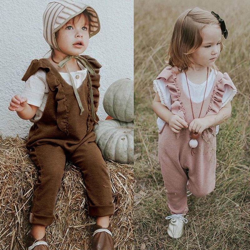 Baby Girl Ruffle Knitted Ruffles Romper Jumpsuit Kid Overalls Long Pants Outfit - Mubimart