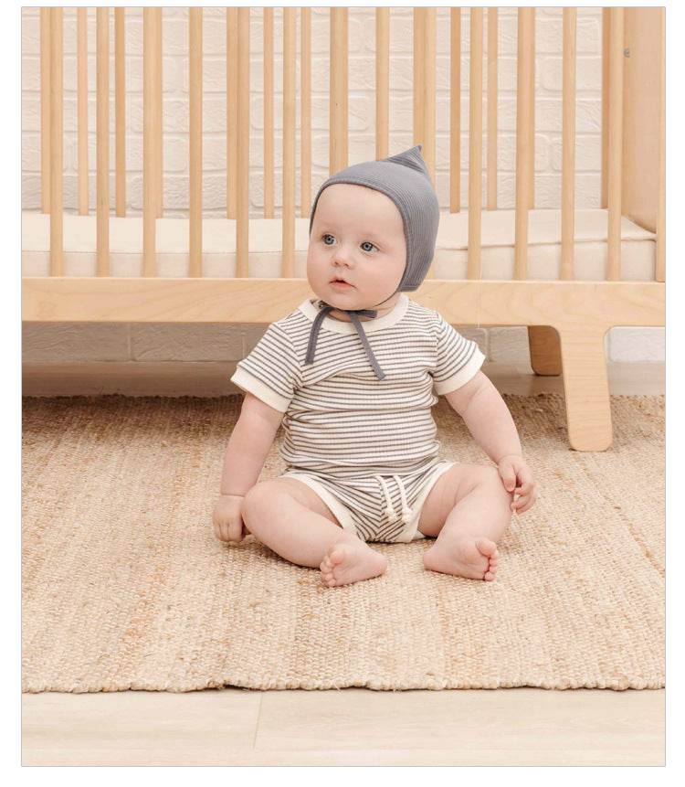 Baby Girl Short Sleeve Shorts Waffle Crew Neck Striped Two Piece Set - Mubimart