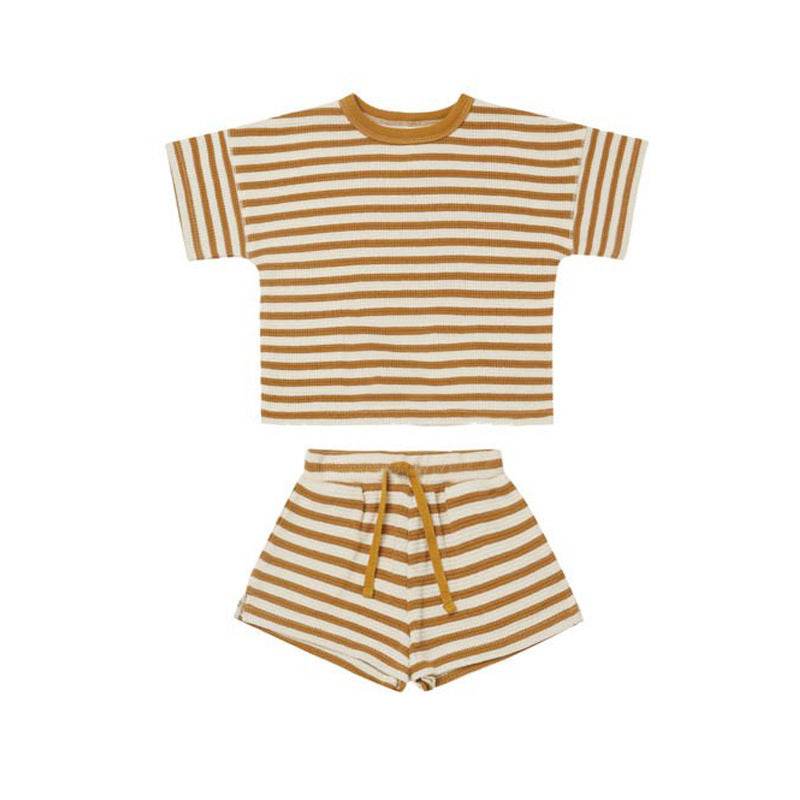 Baby Girl Short Sleeve Shorts Waffle Crew Neck Striped Two Piece Set - Mubimart