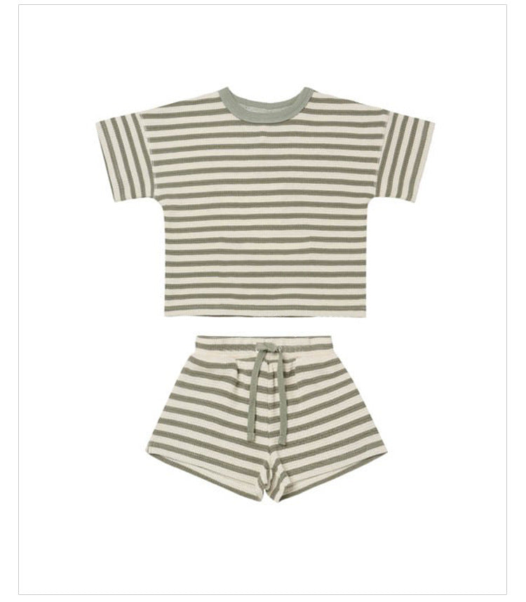 Mubimart Baby Girl Short Sleeve Shorts Waffle Crew Neck Striped Two Piece Set Mubimart baby clothes baby clothes set baby clothing set baby outfit for warm weather cute baby suit infant fashion short sleeve crew neck striped shorts stylish baby attire toddler shorts set waffle texture baby outfit