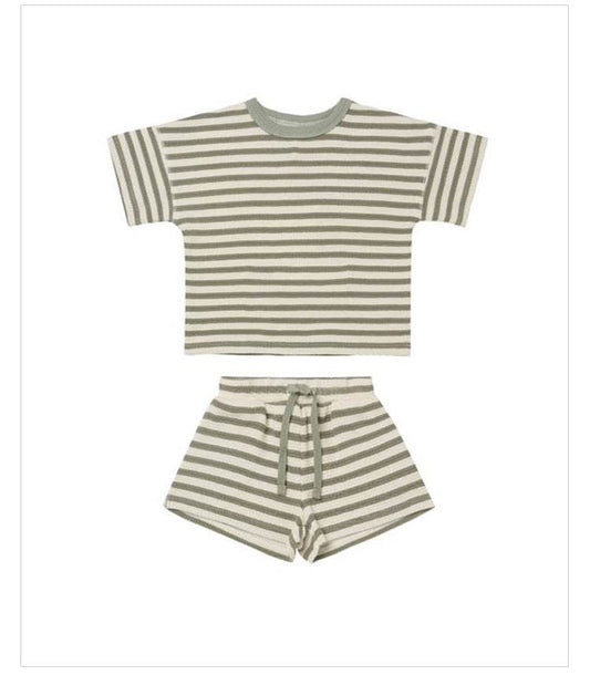 Baby Girl Short Sleeve Shorts Waffle Crew Neck Striped Two Piece Set - Mubimart