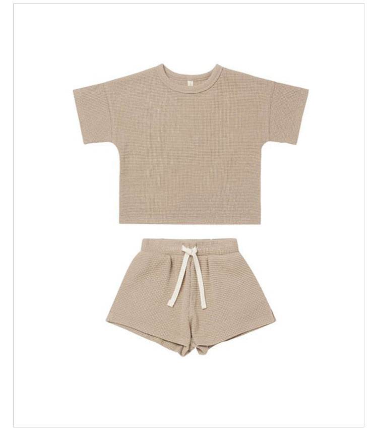 Baby Girl Short Sleeve Shorts Waffle Crew Neck Striped Two Piece Set - Mubimart