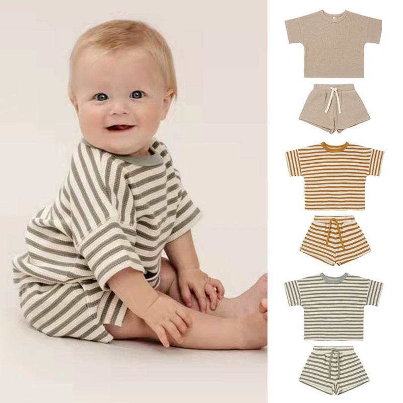 Baby Girl Short Sleeve Shorts Waffle Crew Neck Striped Two Piece Set - Mubimart