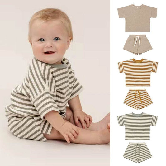 Baby Girl Short Sleeve Shorts Waffle Crew Neck Striped Two Piece Set - Mubimart