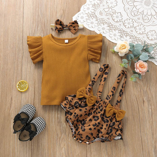 Baby Girl Sunken Stripe Bow Back Shorts 3-piece Set - Mubimart